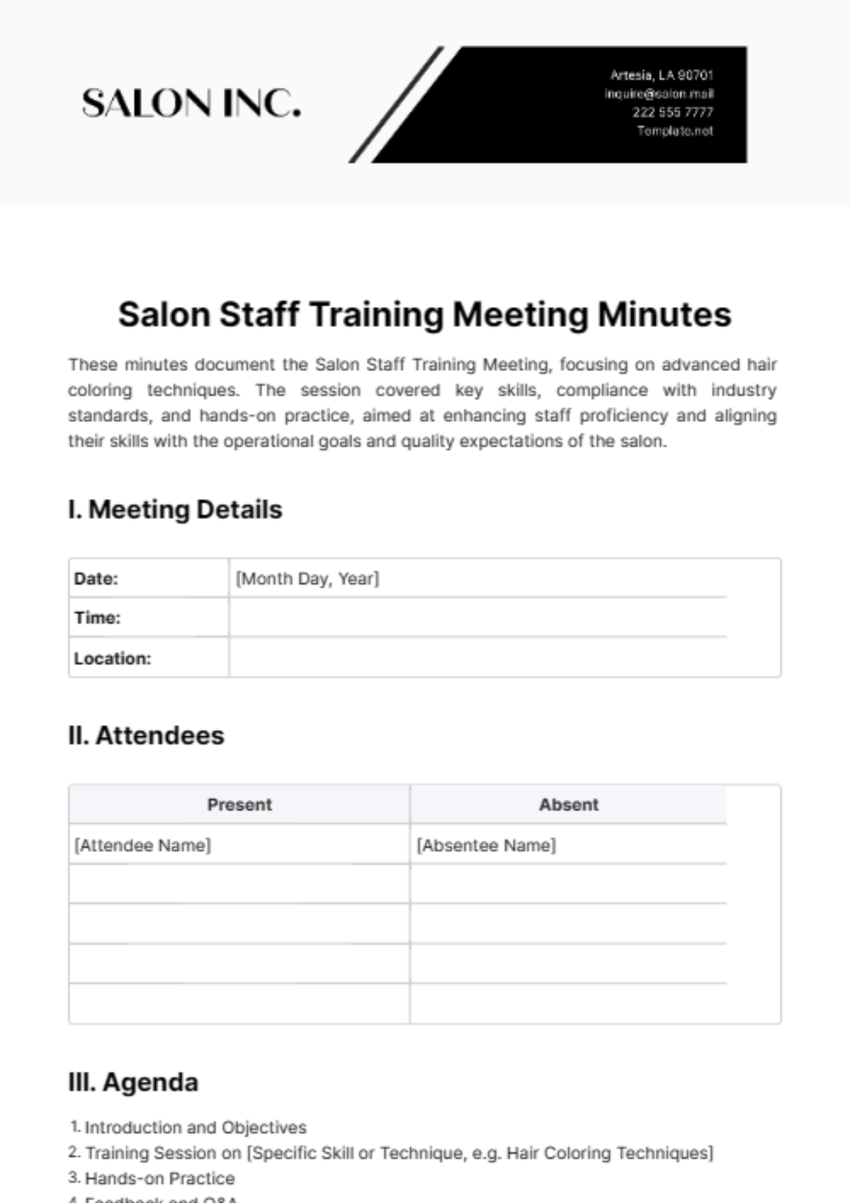 Salon Staff Training Meeting Minute Template