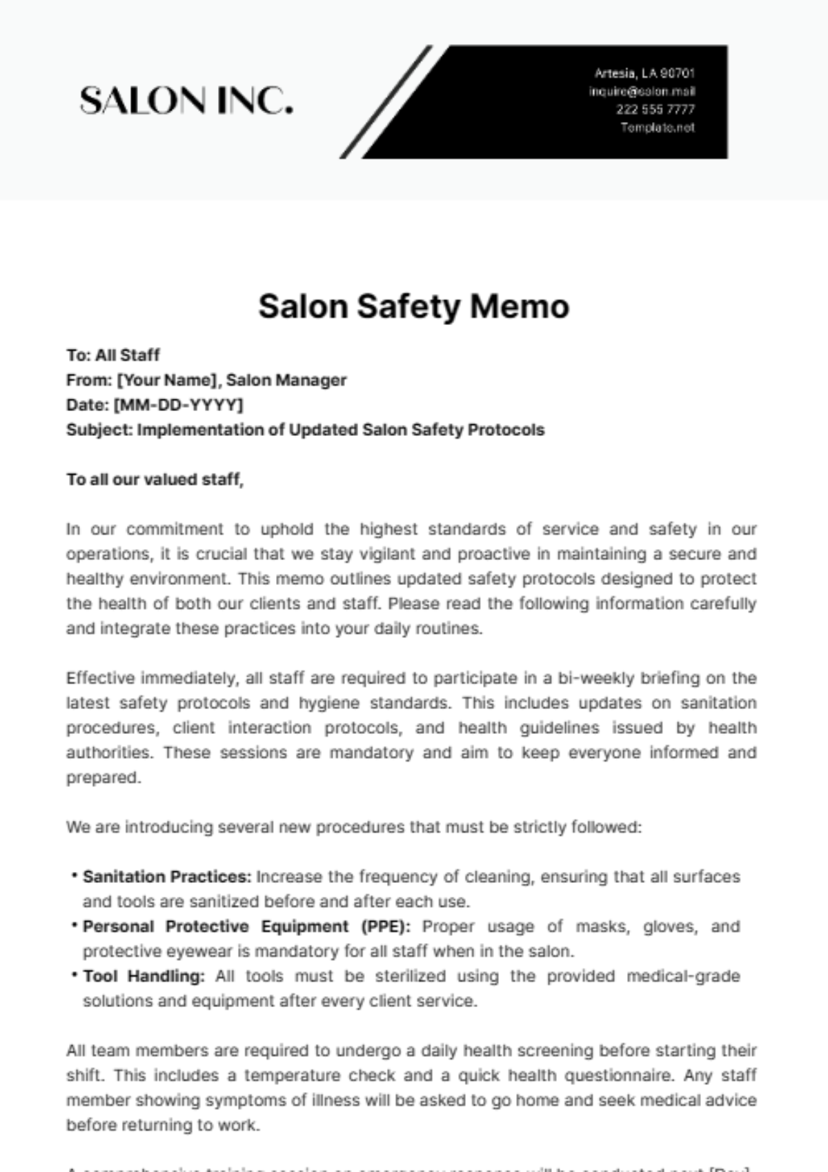 Salon Safety Memo Template