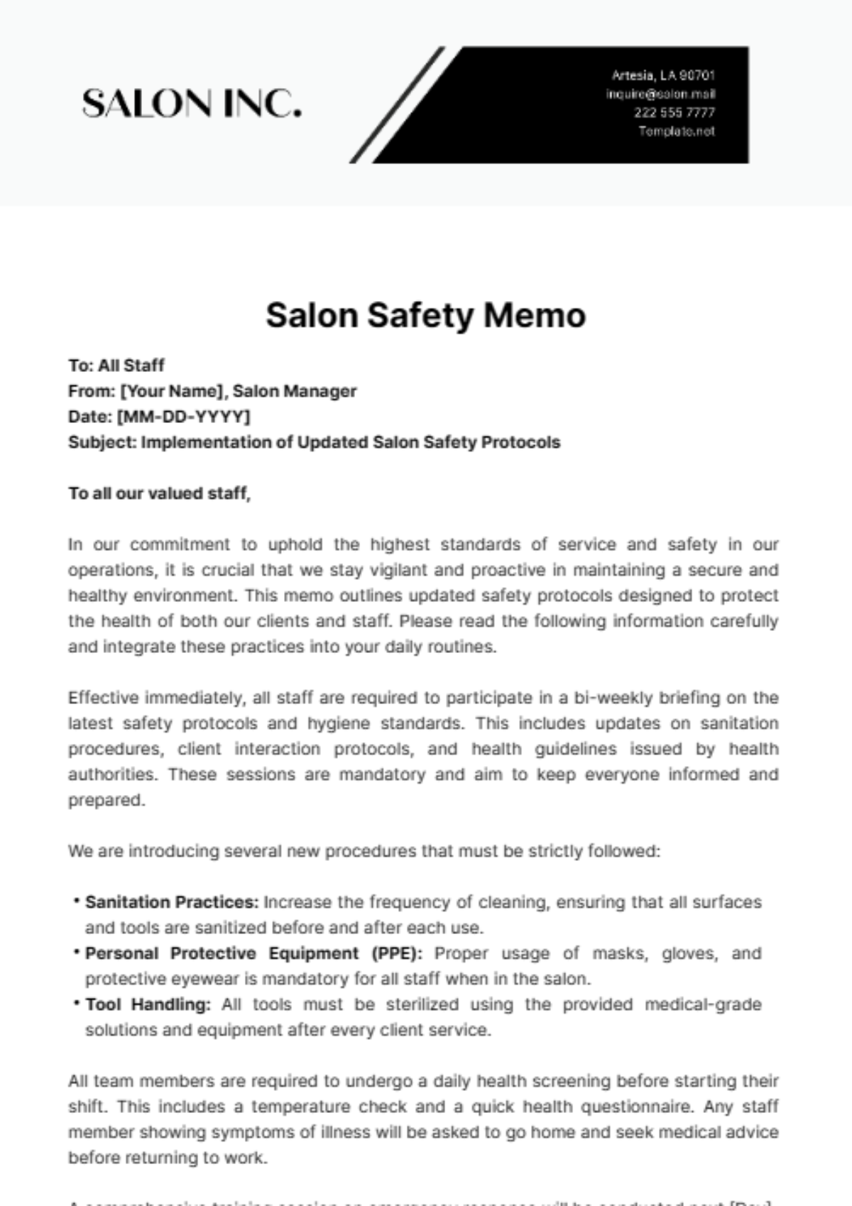 Salon Safety Memo Template - Edit Online & Download