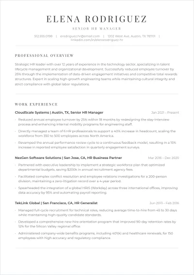 Free HR Manager ATS Resume Template, AI Resume Builder