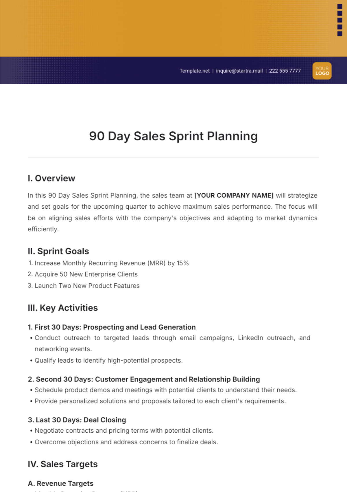 90 Day Sales Sprint Planning Template