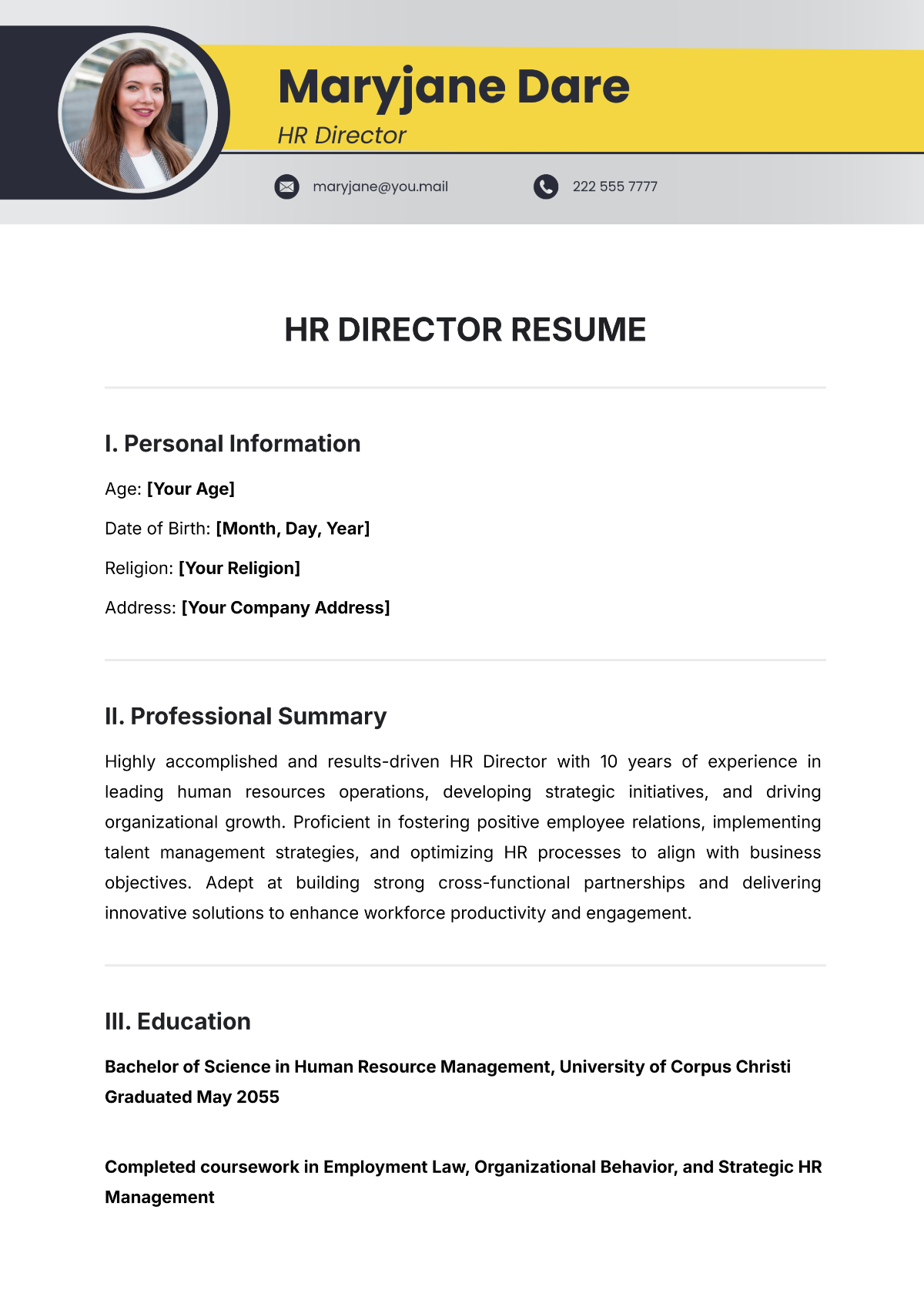 HR Director Resume Template - Edit Online & Download