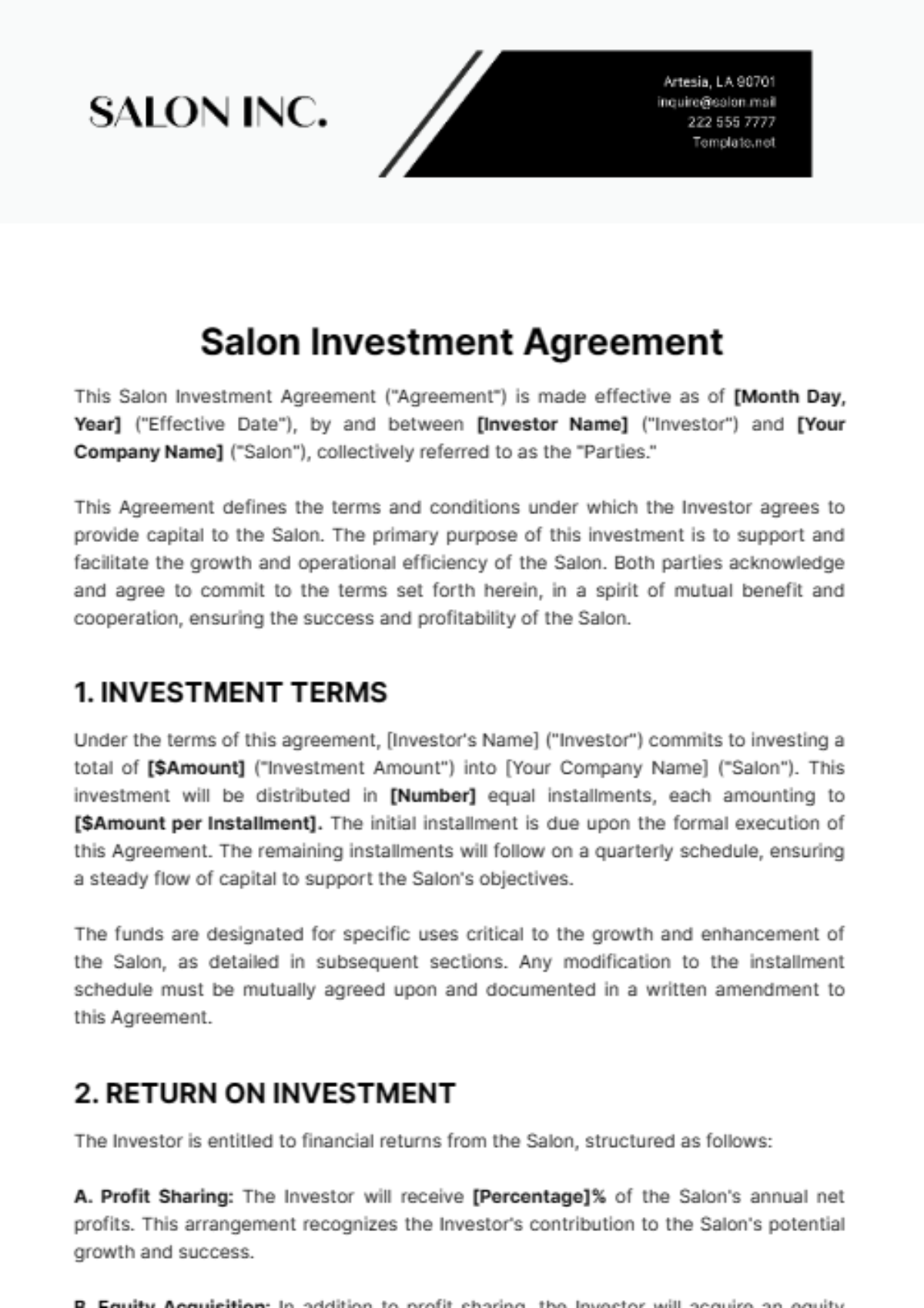Salon Investment Agreement Template