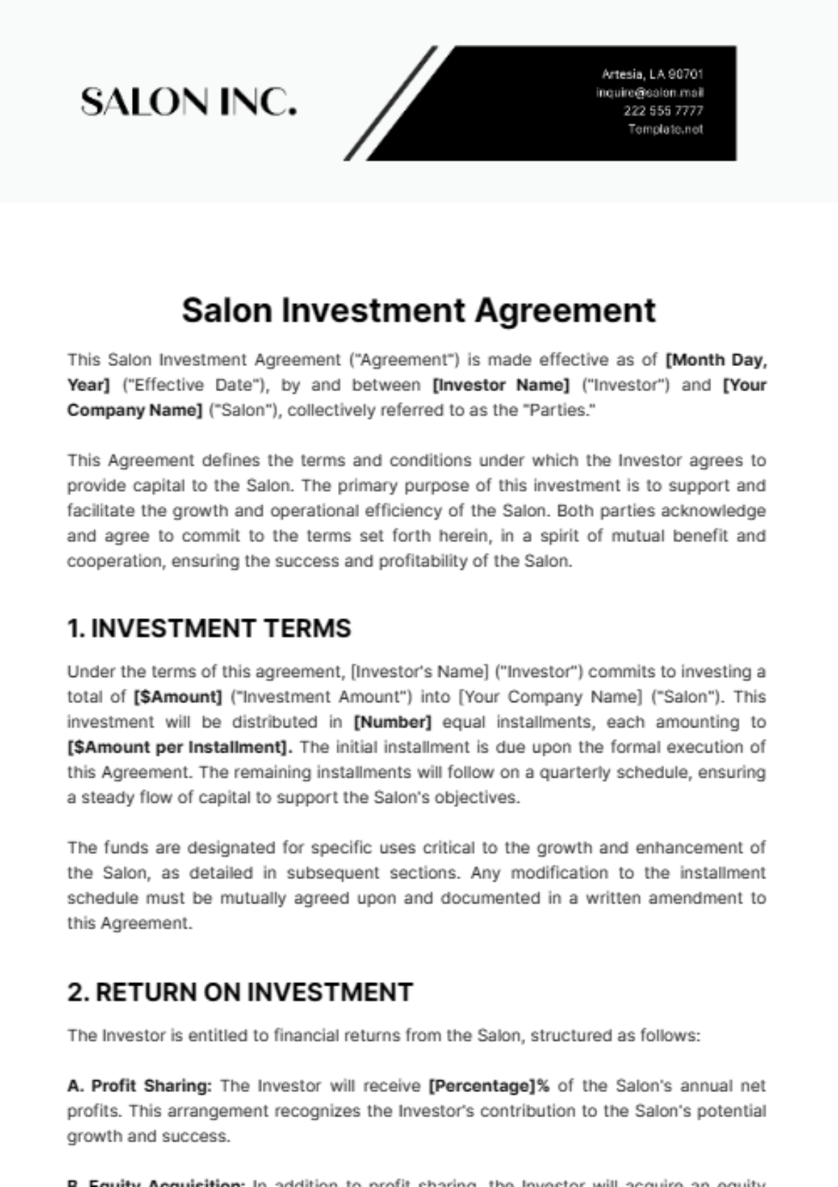 Salon Investment Agreement Template - Edit Online & Download