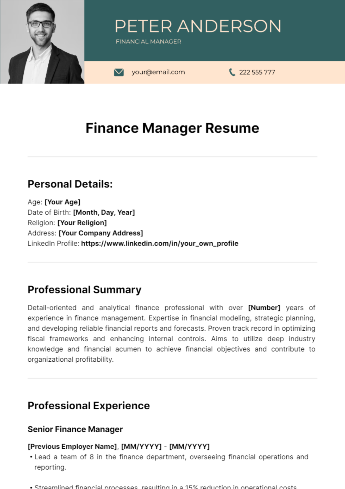 Finance Manager Resume Template