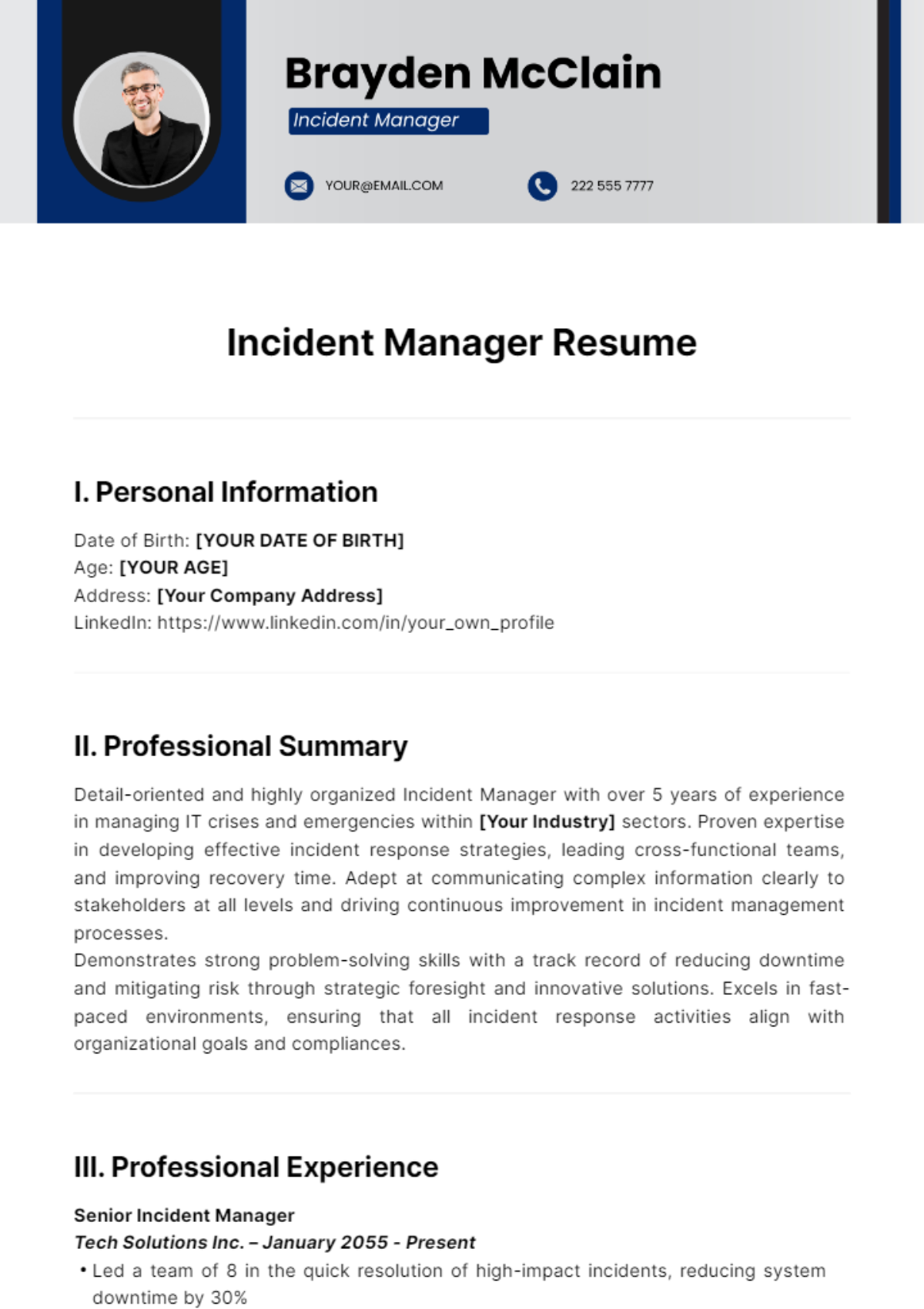 Incident Manager Resume Template - Edit Online & Download