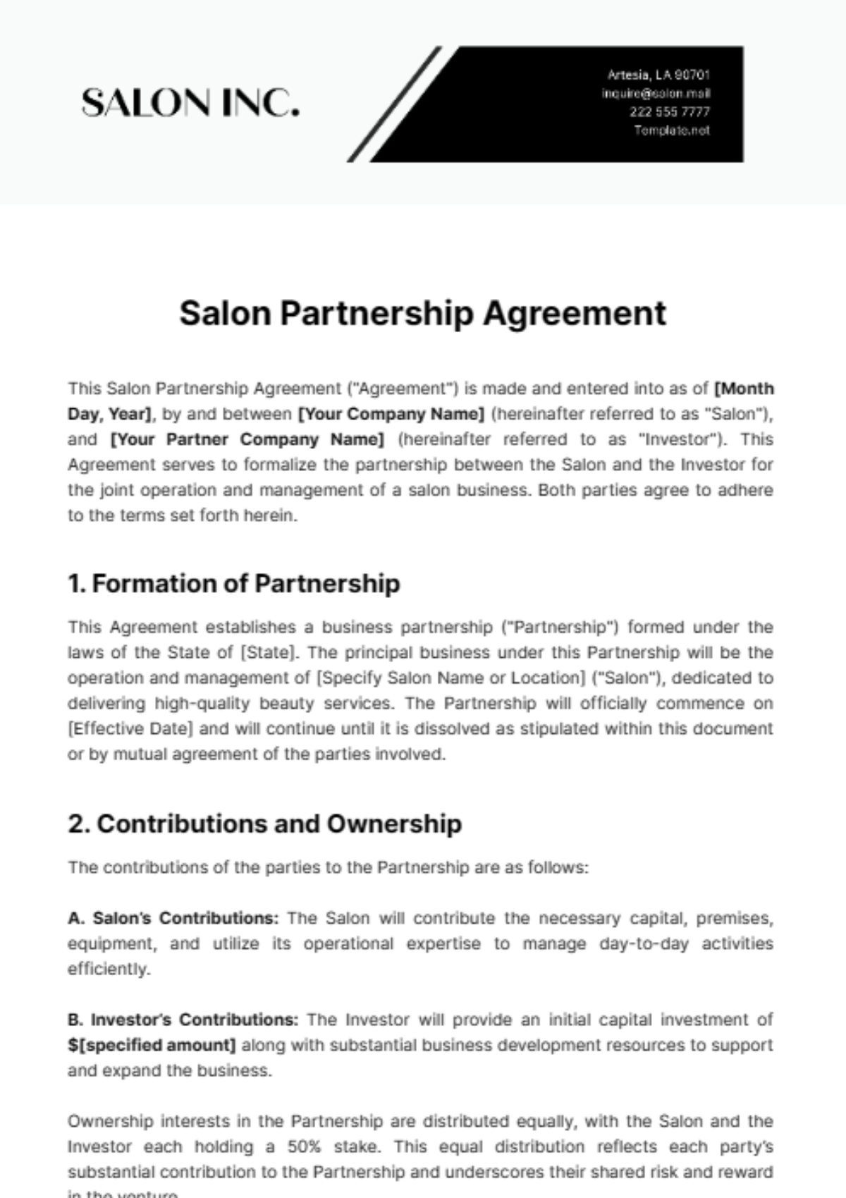 Salon Partnership Agreement Template