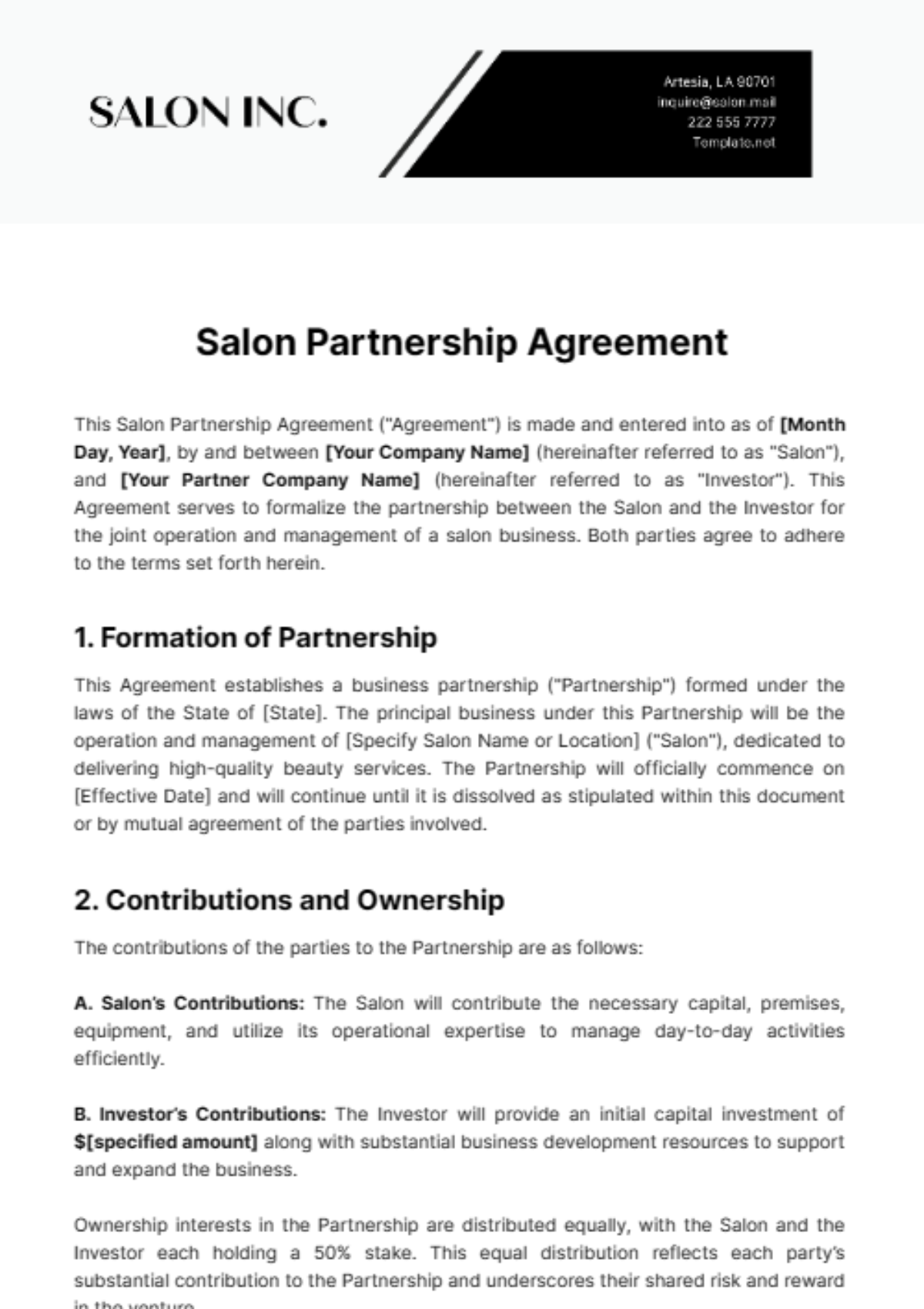 Salon Partnership Agreement Template - Edit Online & Download