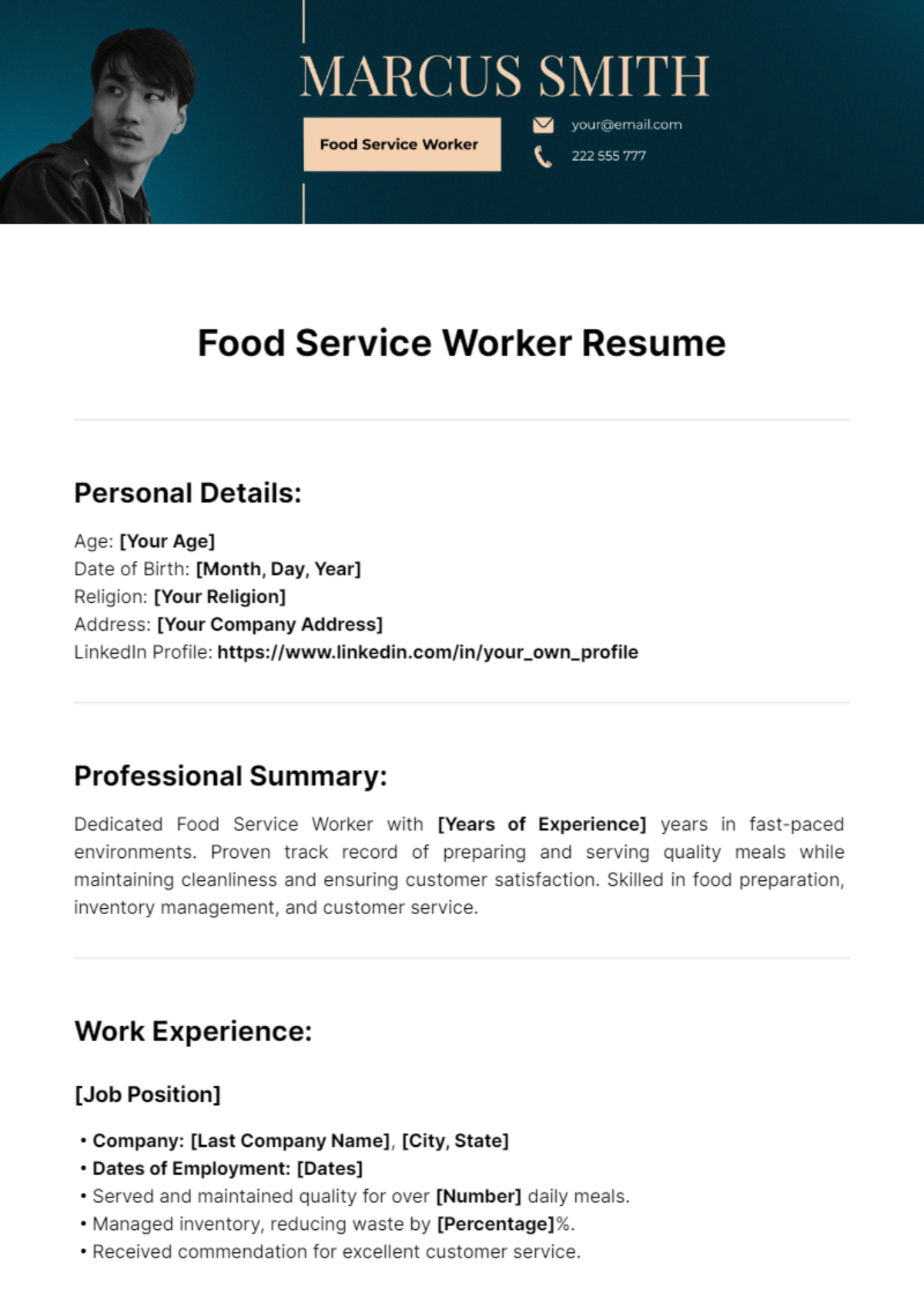 Food Service Worker Resume Template
