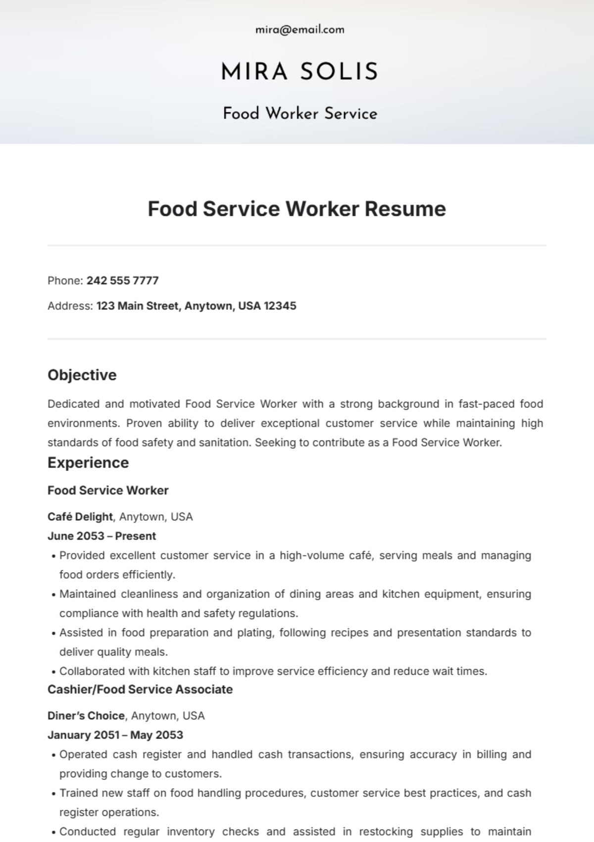 Food Service Worker Resume Template - Edit Online & Download