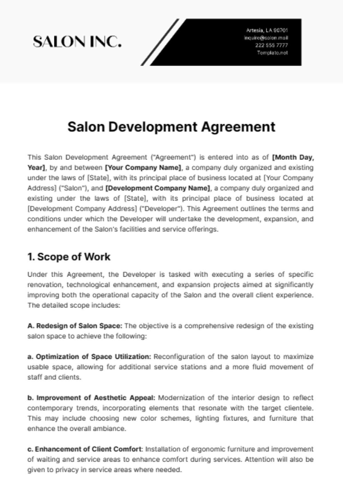 Salon Development Agreement Template