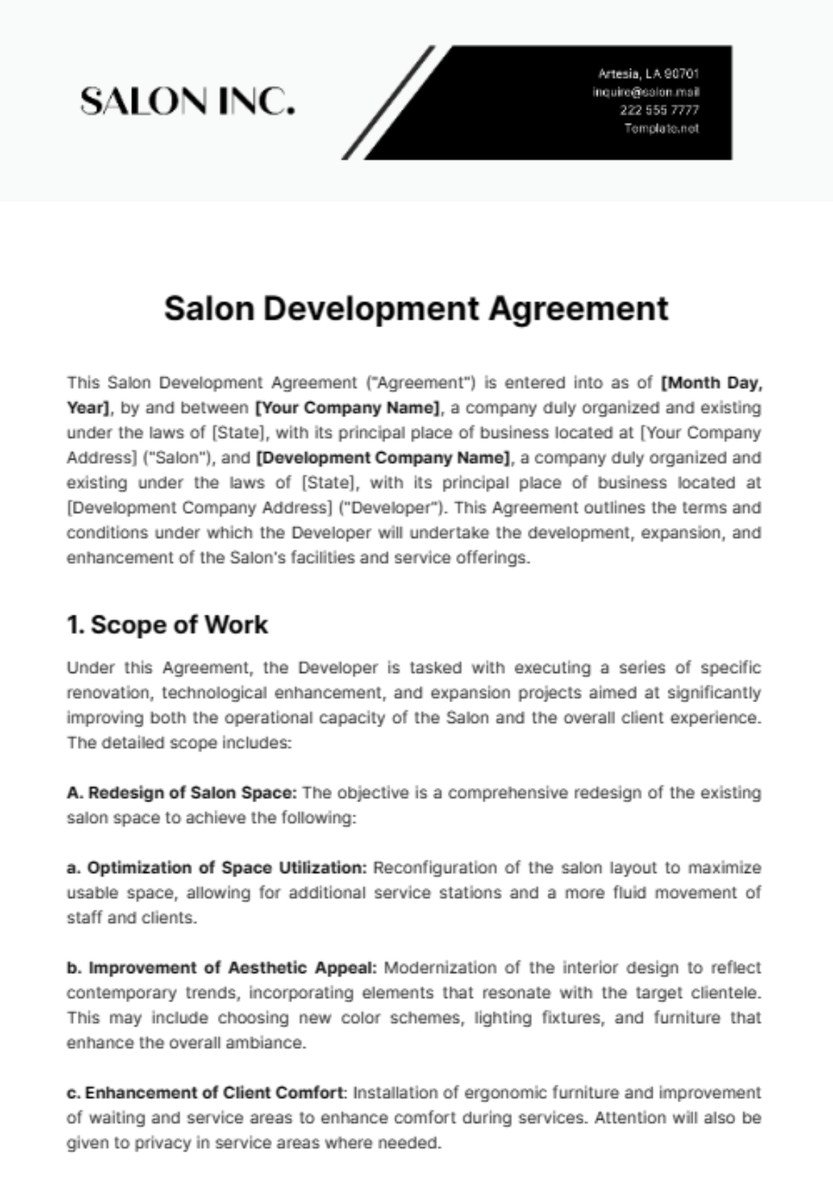 Salon Development Agreement Template - Edit Online & Download