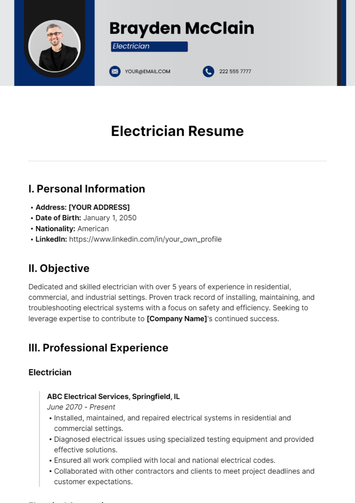 Electrician Resume Template - Edit Online & Download Example | Template.net