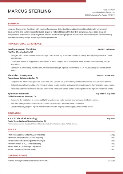 Free Electrician ATS Resume Template, AI Resume Builder