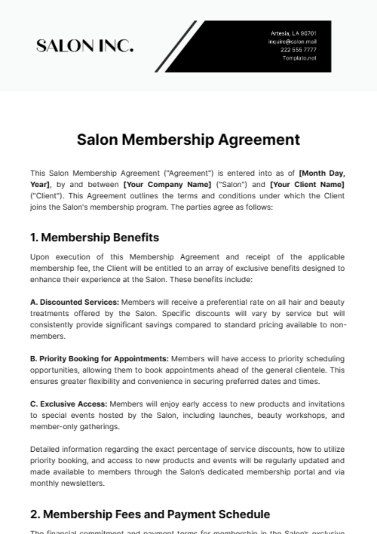 Salon Membership Agreement Template