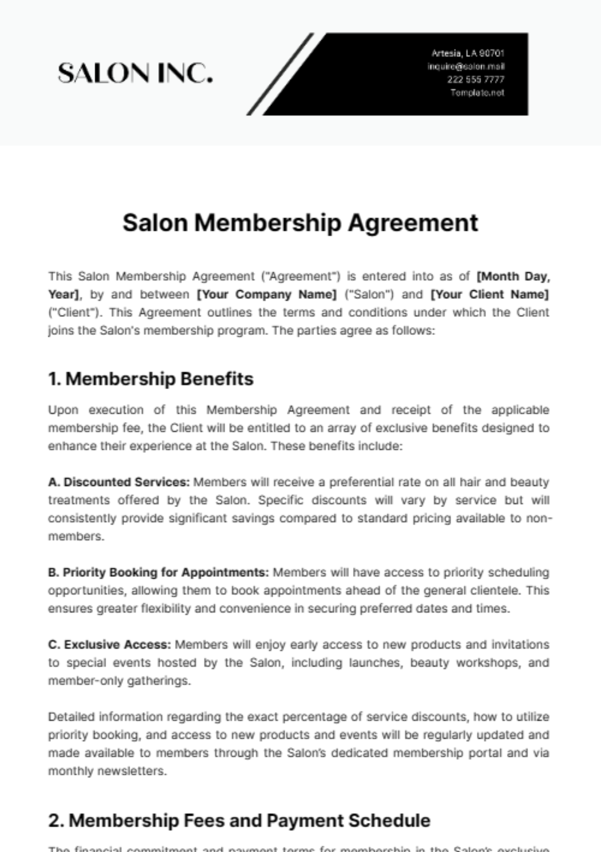 Salon Membership Agreement Template - Edit Online & Download