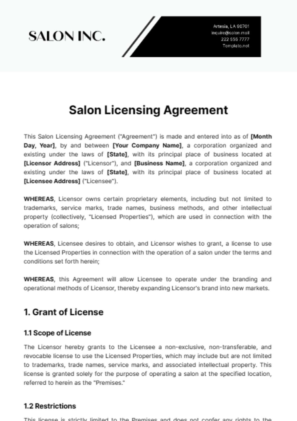 Salon Licensing Agreement Template