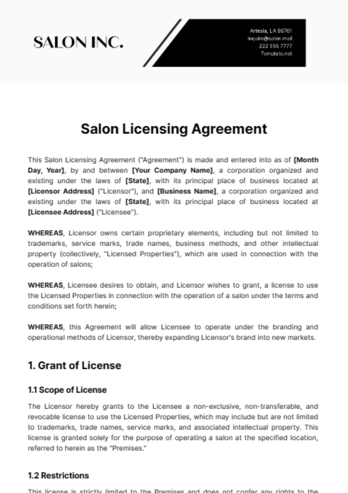 Salon Licensing Agreement Template - Edit Online & Download