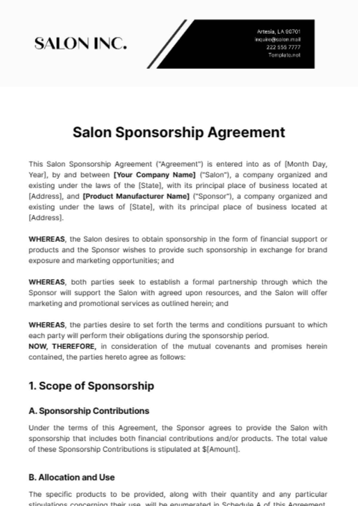 Salon Sponsorship Agreement Template