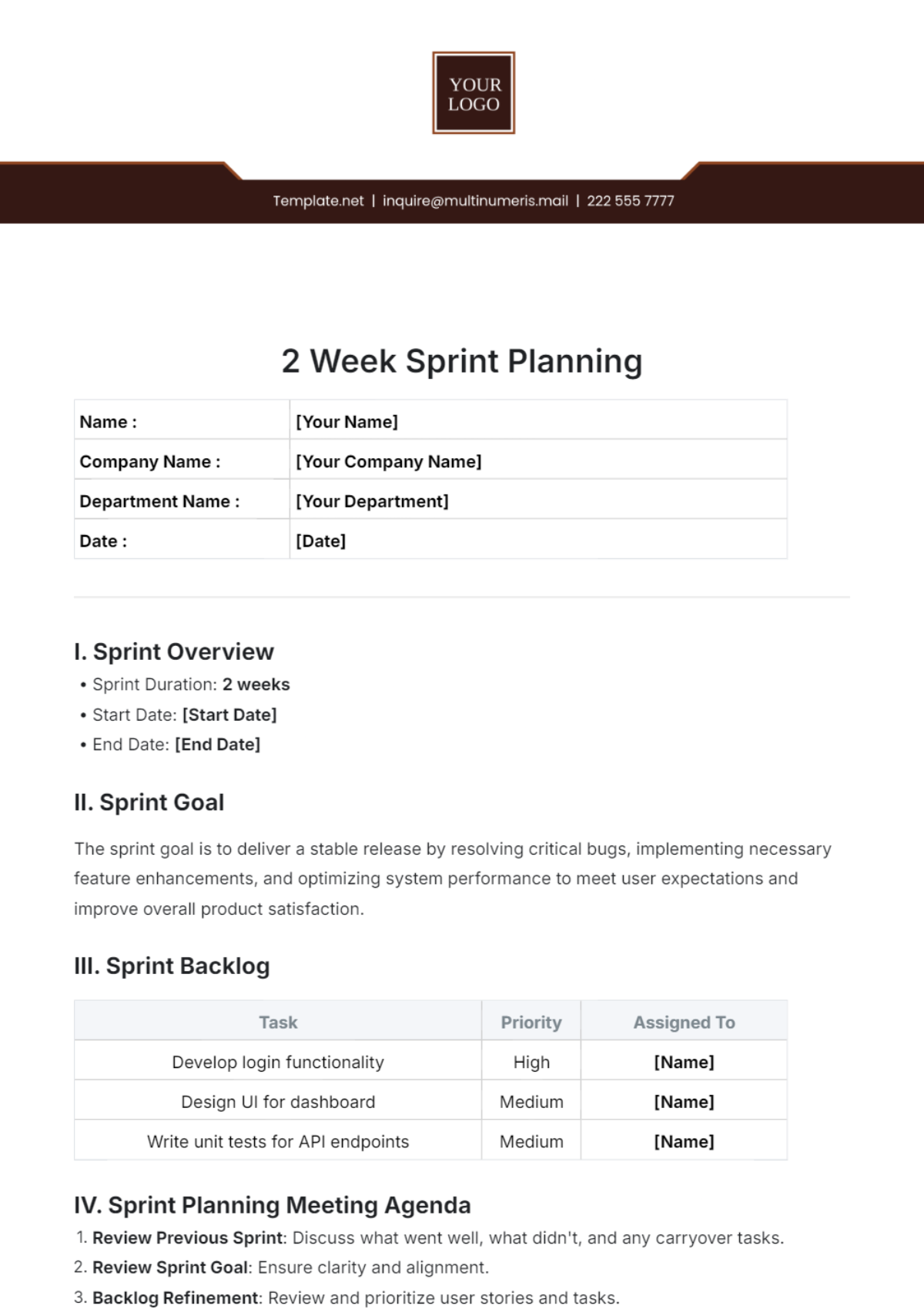 2 Week Sprint Planning Template