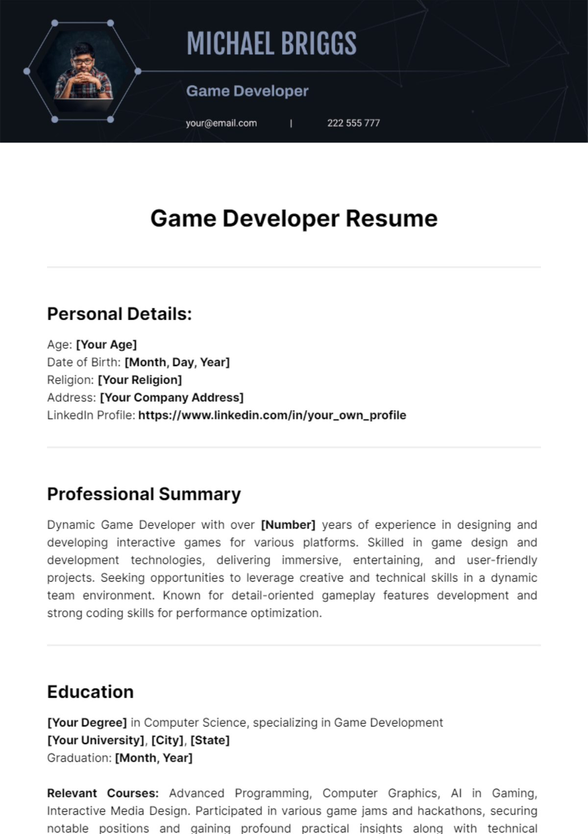 Game Developer Resume Template