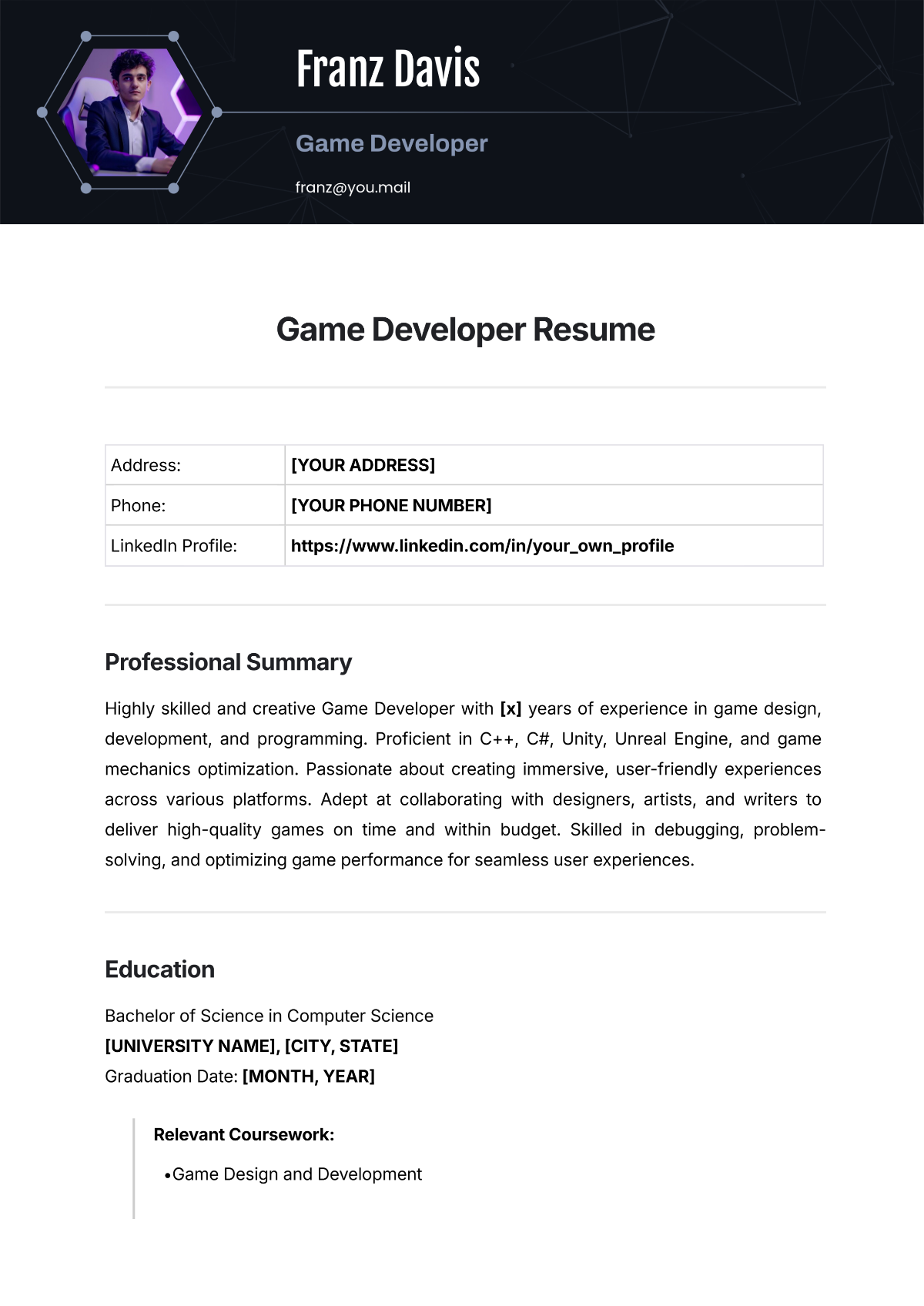 Game Developer Resume Template - Edit Online & Download