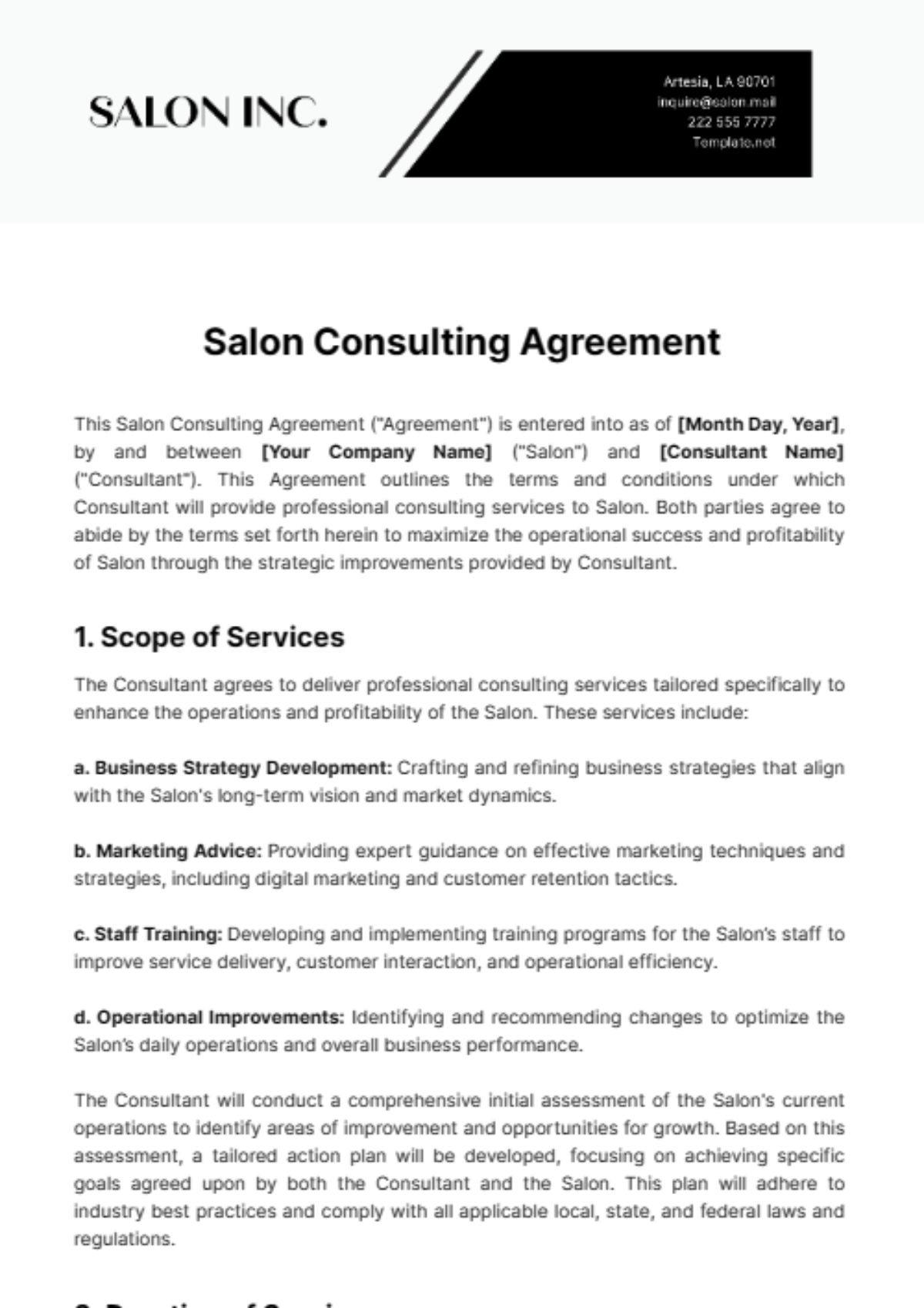 Salon Consulting Agreement Template