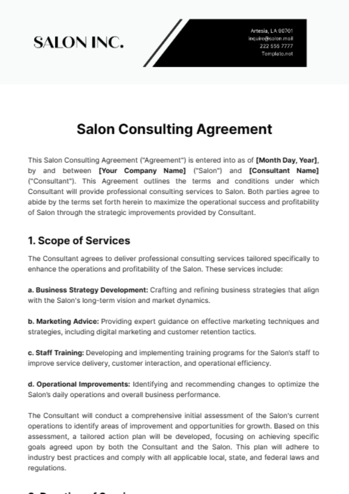 Salon Consulting Agreement Template - Edit Online & Download