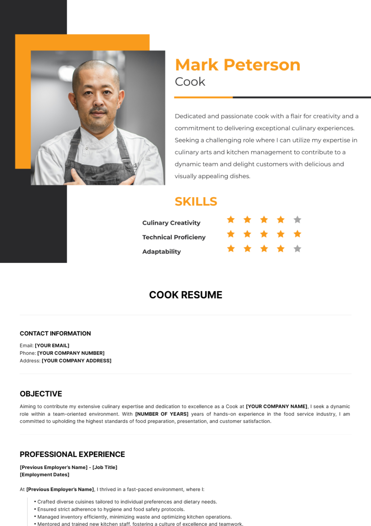 Cook Resume Template - Edit Online & Download