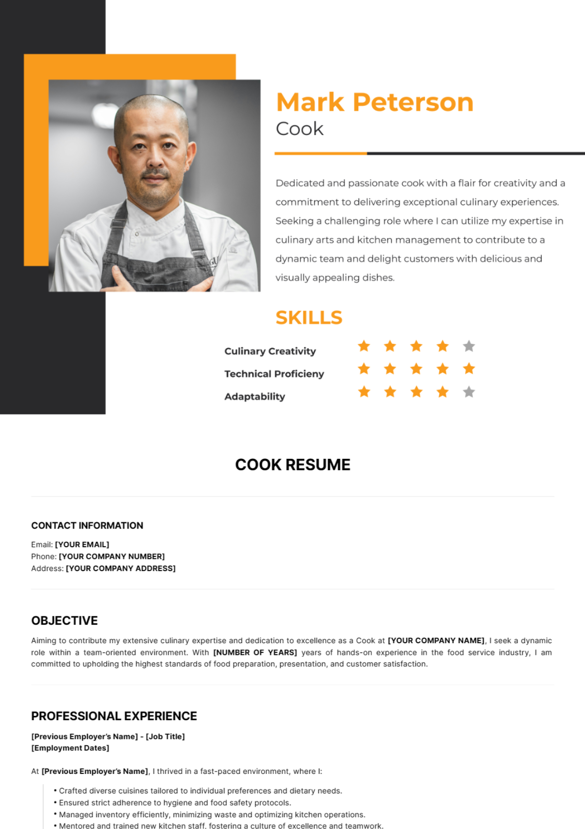 Free Cook Resume Template To Edit Online
