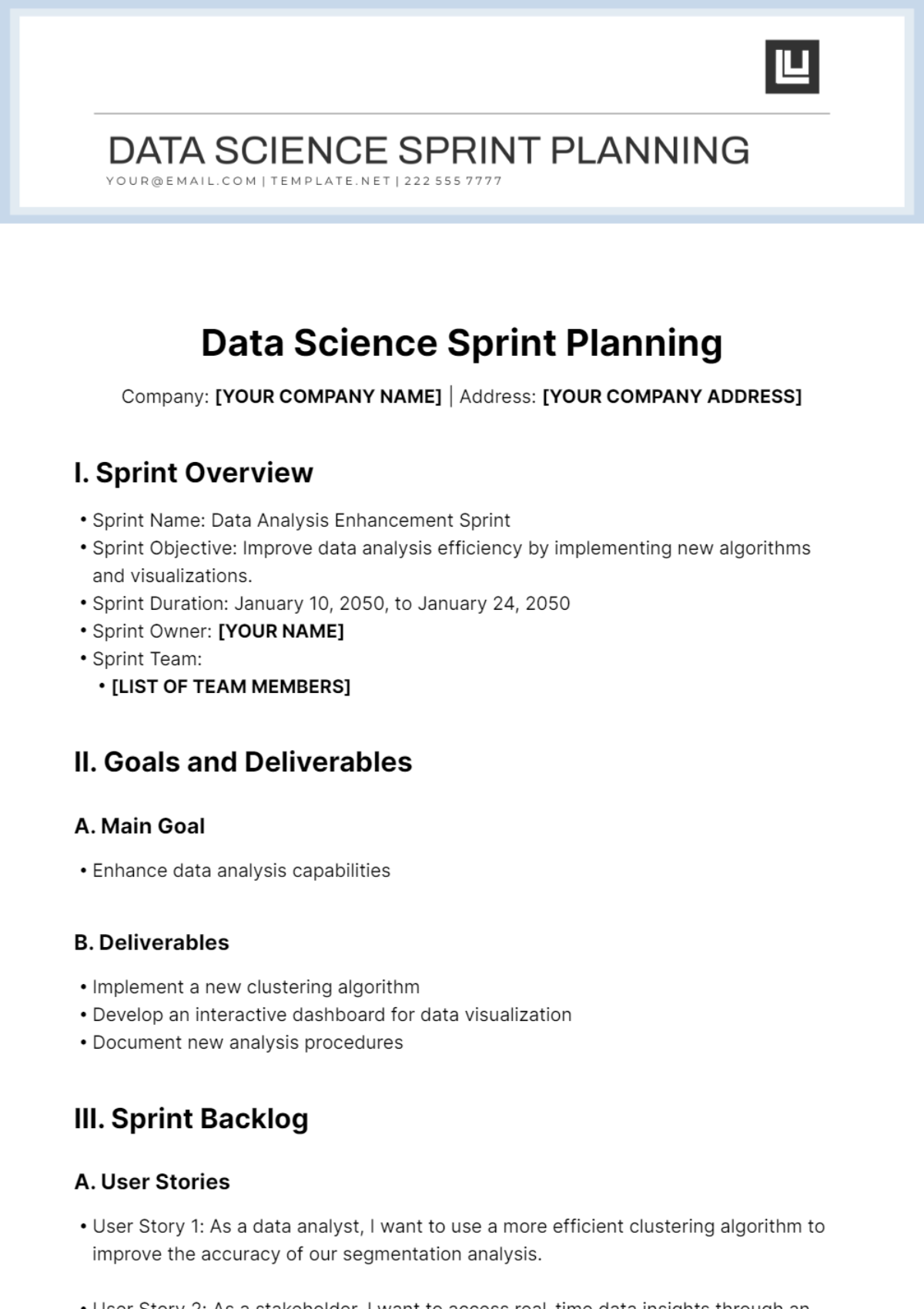 Data Science Sprint Planning Template - Edit Online & Download