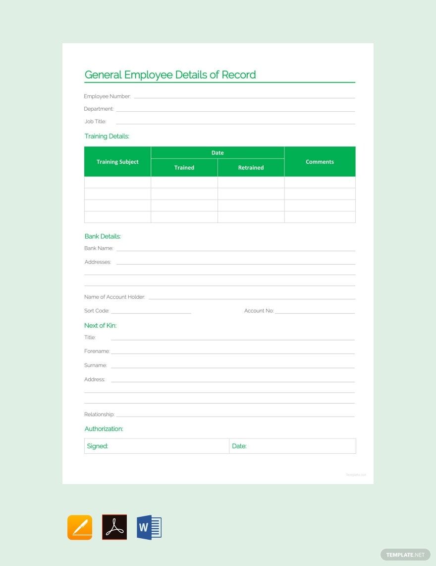 General Employee Details of Record Template