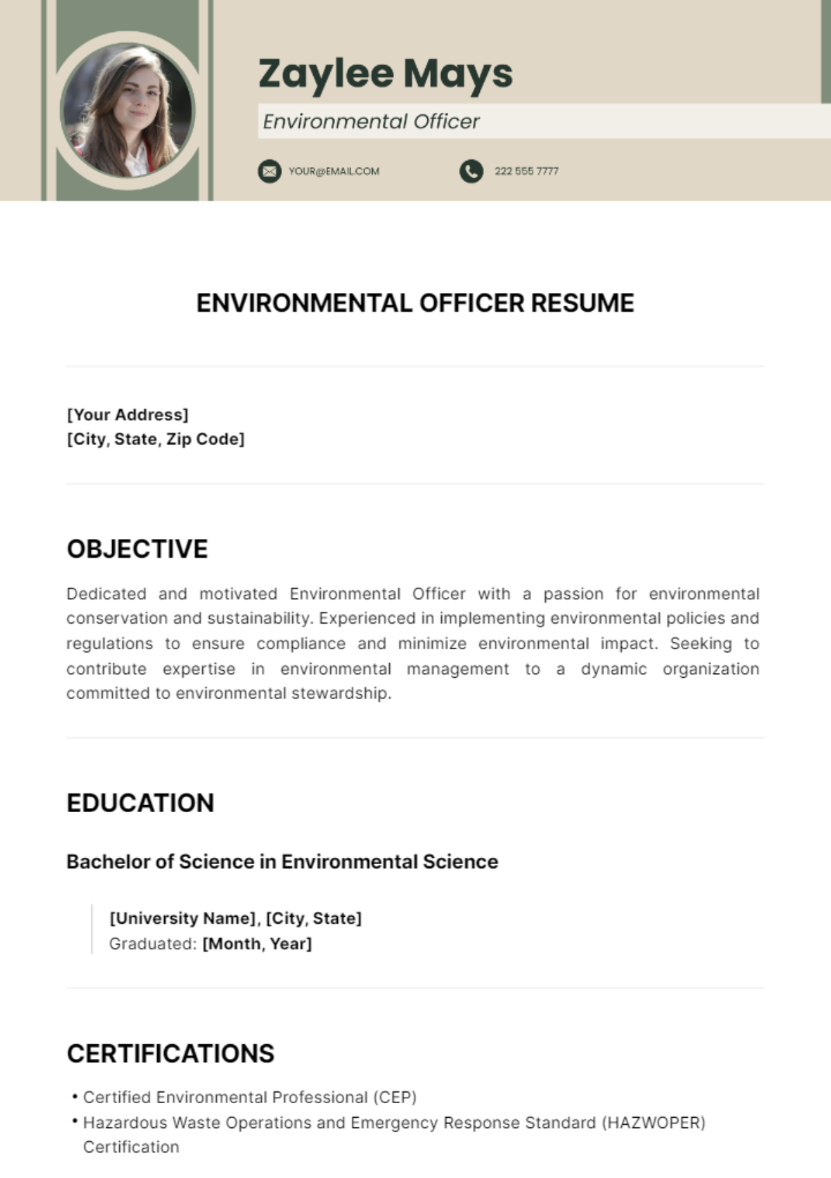 Environmental Officer Resume Template - Edit Online & Download