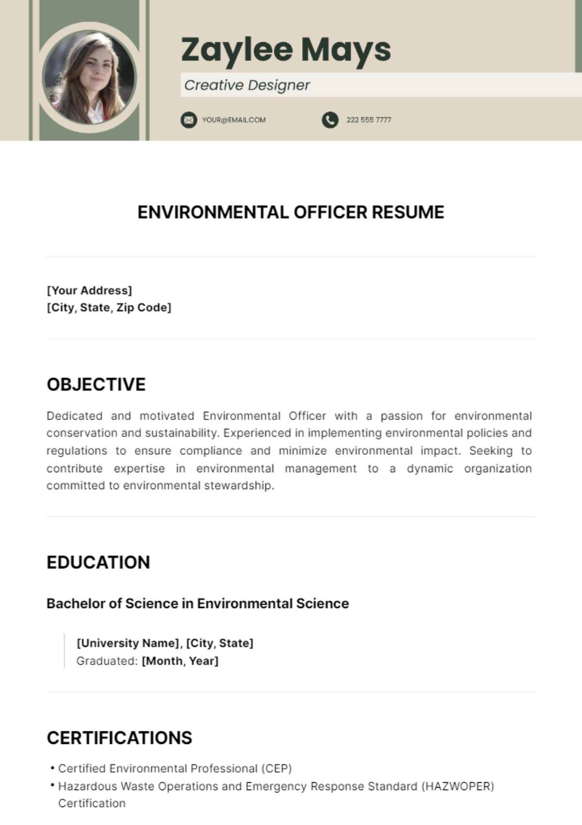 Environmental Officer Resume Template - Edit Online & Download Example ...