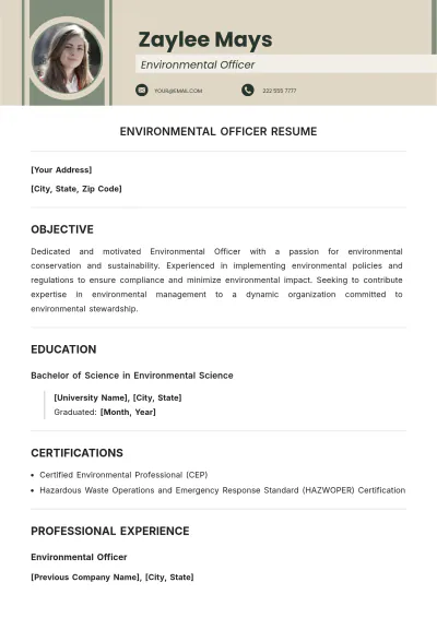 Free Environmental Officer ATS Resume Template, AI Resume Builder