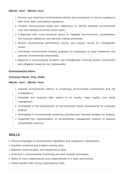 Free Environmental Officer ATS Resume Template, AI Resume Builder