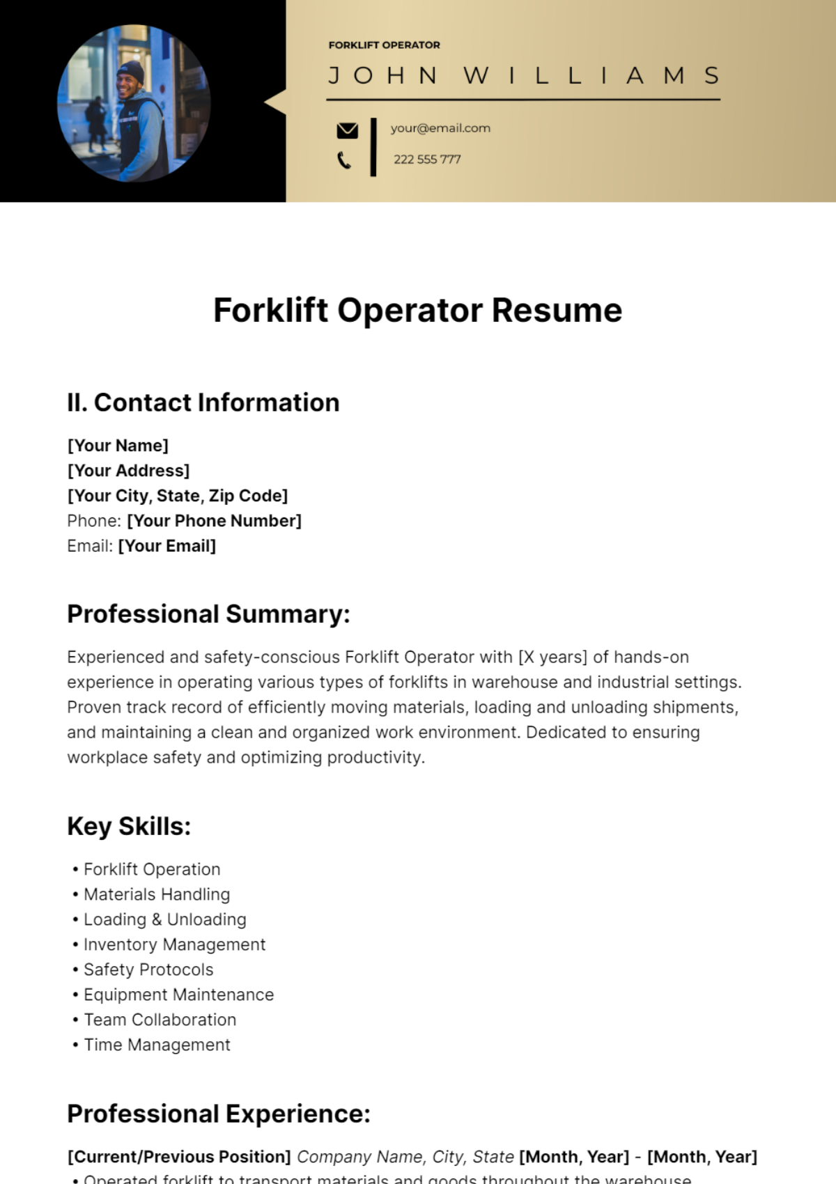 Forklift Operator Resume Template - Edit Online & Download Example ...