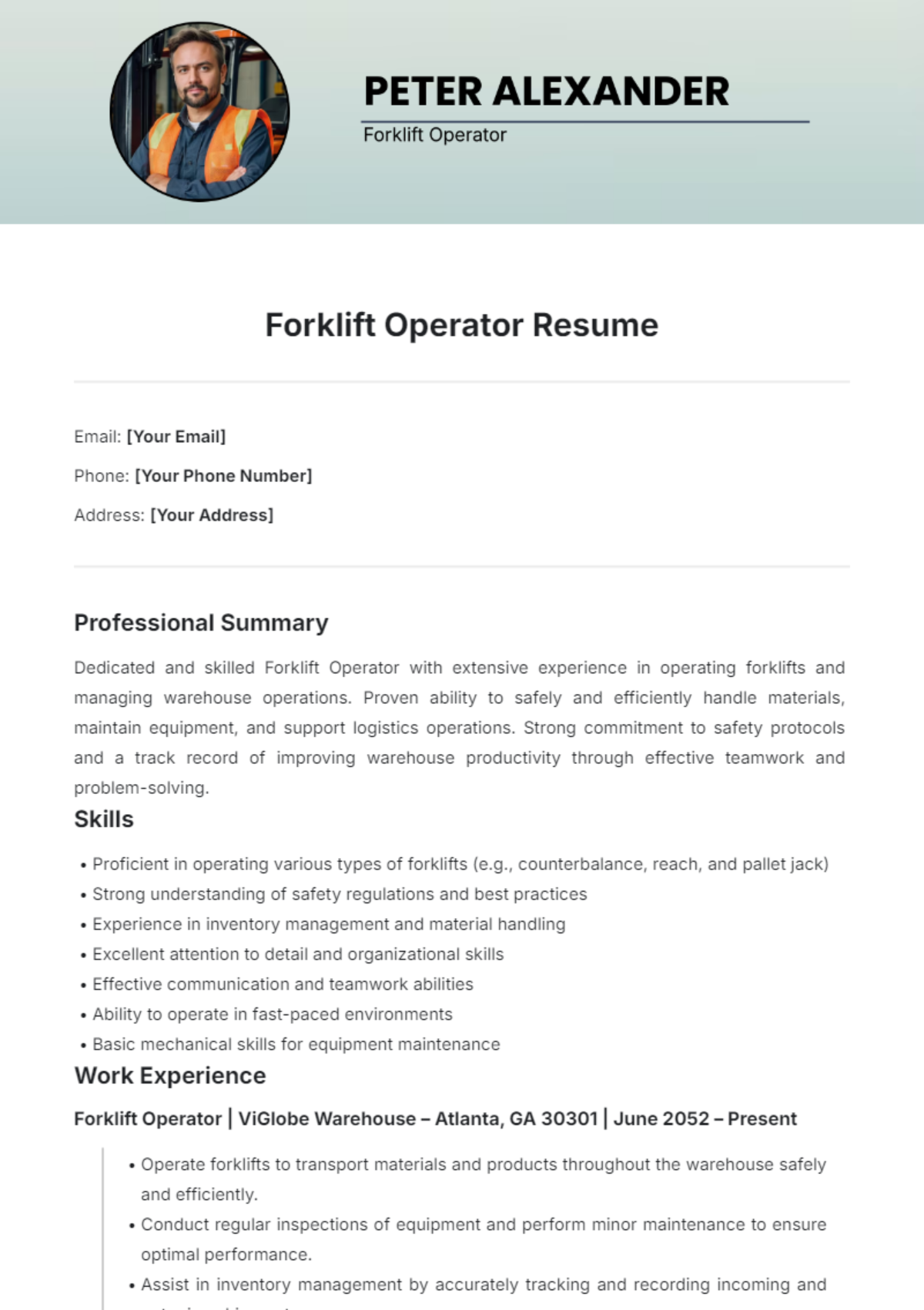 Forklift Operator Resume Template - Edit Online & Download