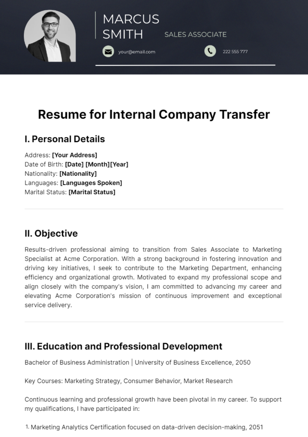 Resume for Internal Company Transfer Template