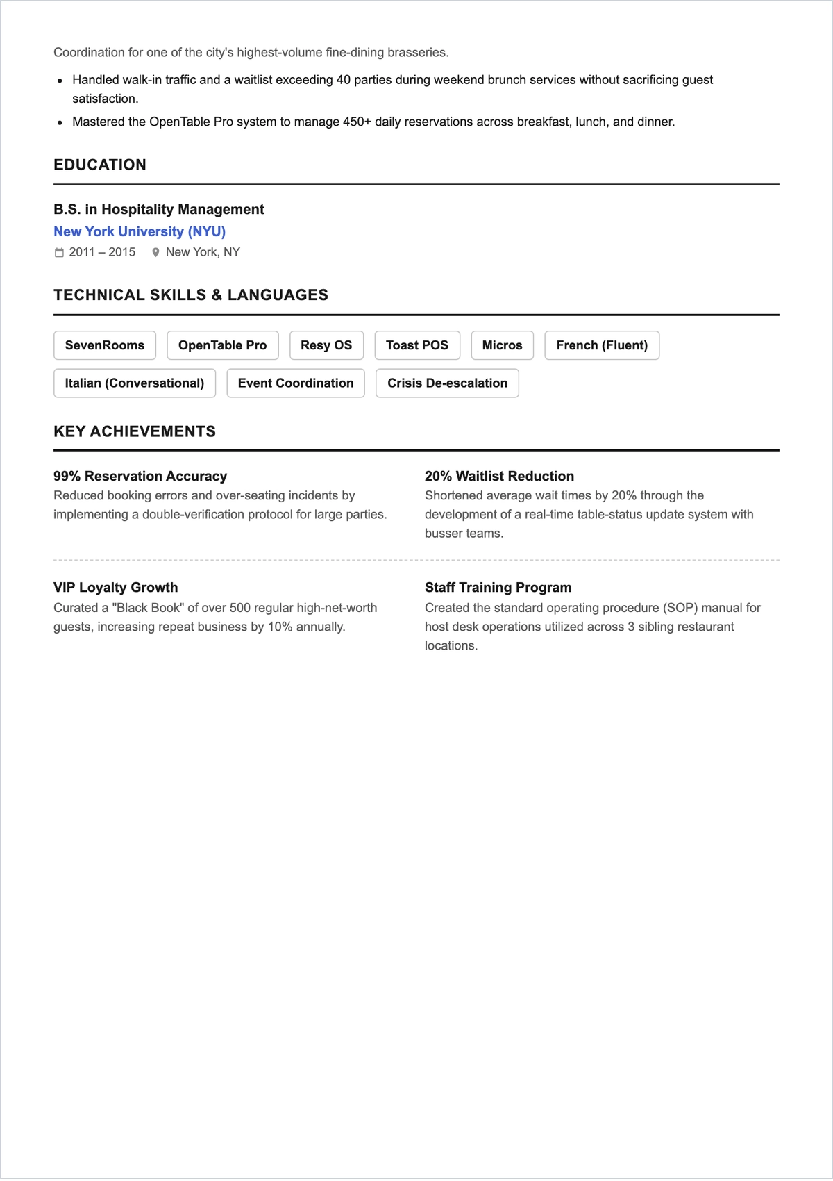 Free Hostess ATS Resume Template, AI Resume Builder