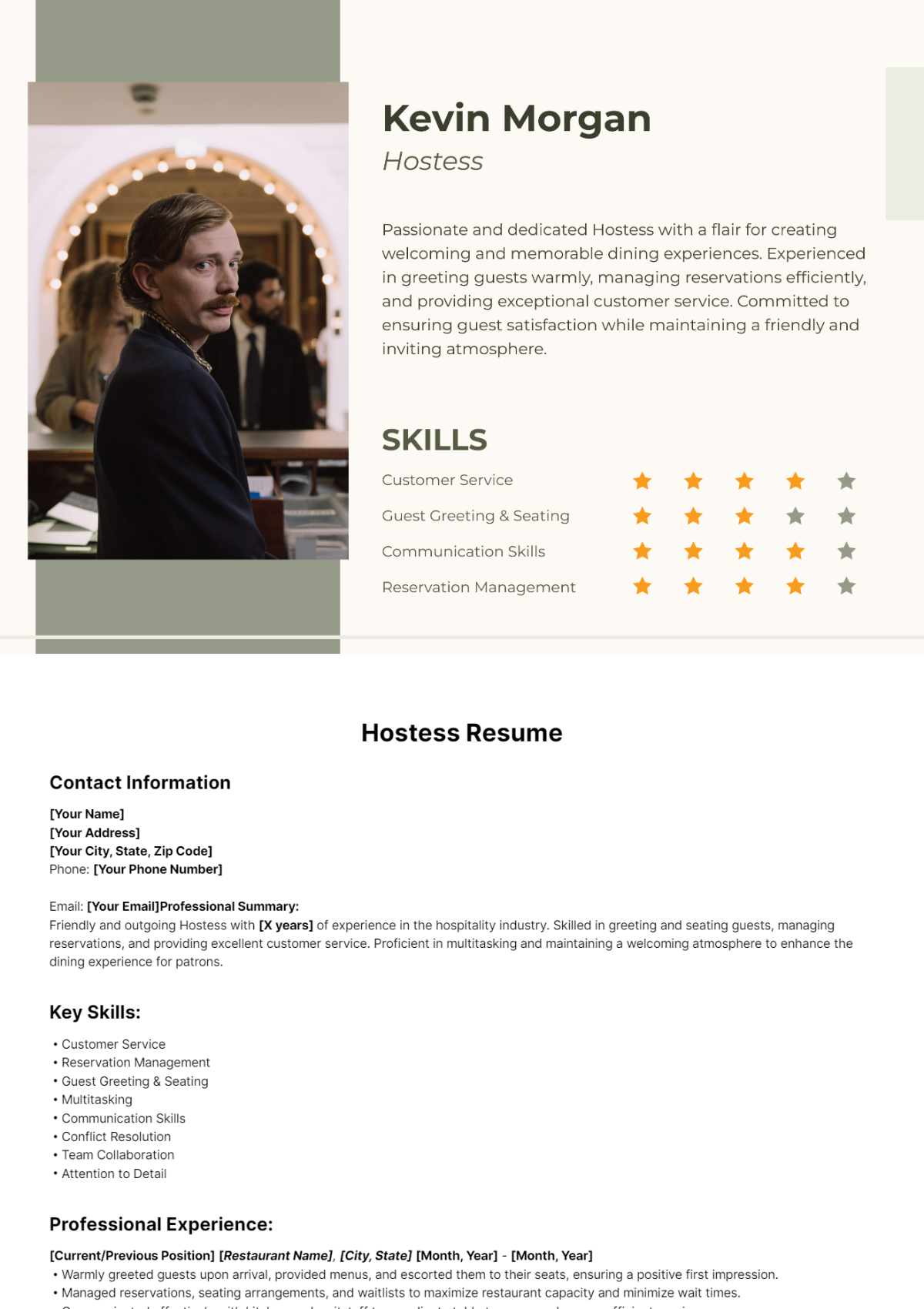 Hostess Resume Template - Edit Online & Download