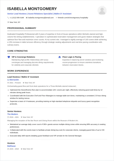 Free Hostess ATS Resume Template, AI Resume Builder
