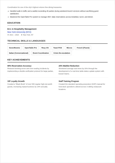 Free Hostess ATS Resume Template, AI Resume Builder