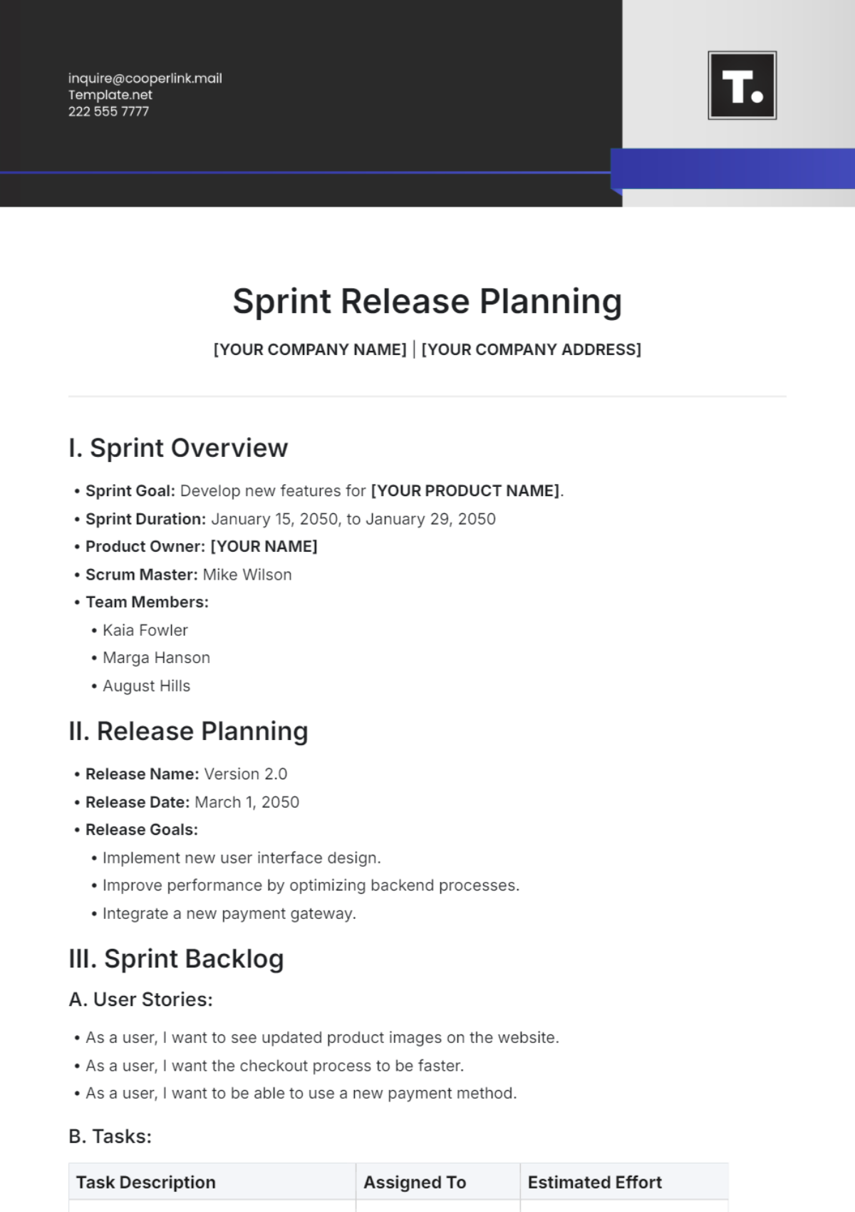 Sprint Release Planning Template