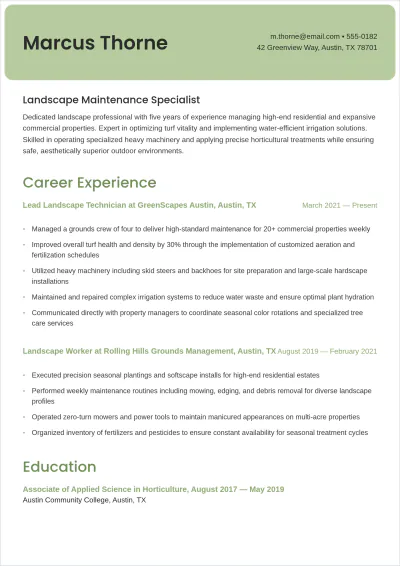 Free Landscape Worker ATS Resume Template, AI Resume Builder
