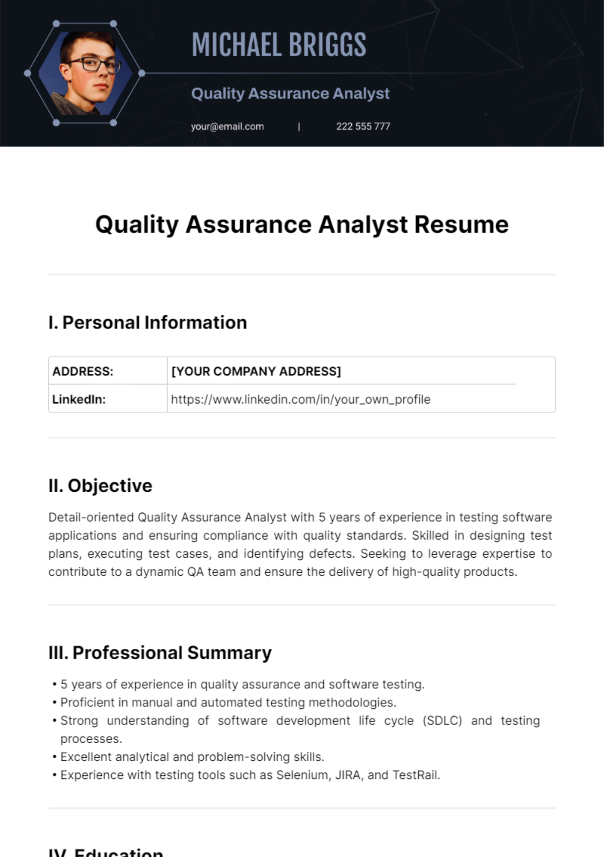 Quality Assurance Analyst Resume Template - Edit Online & Download