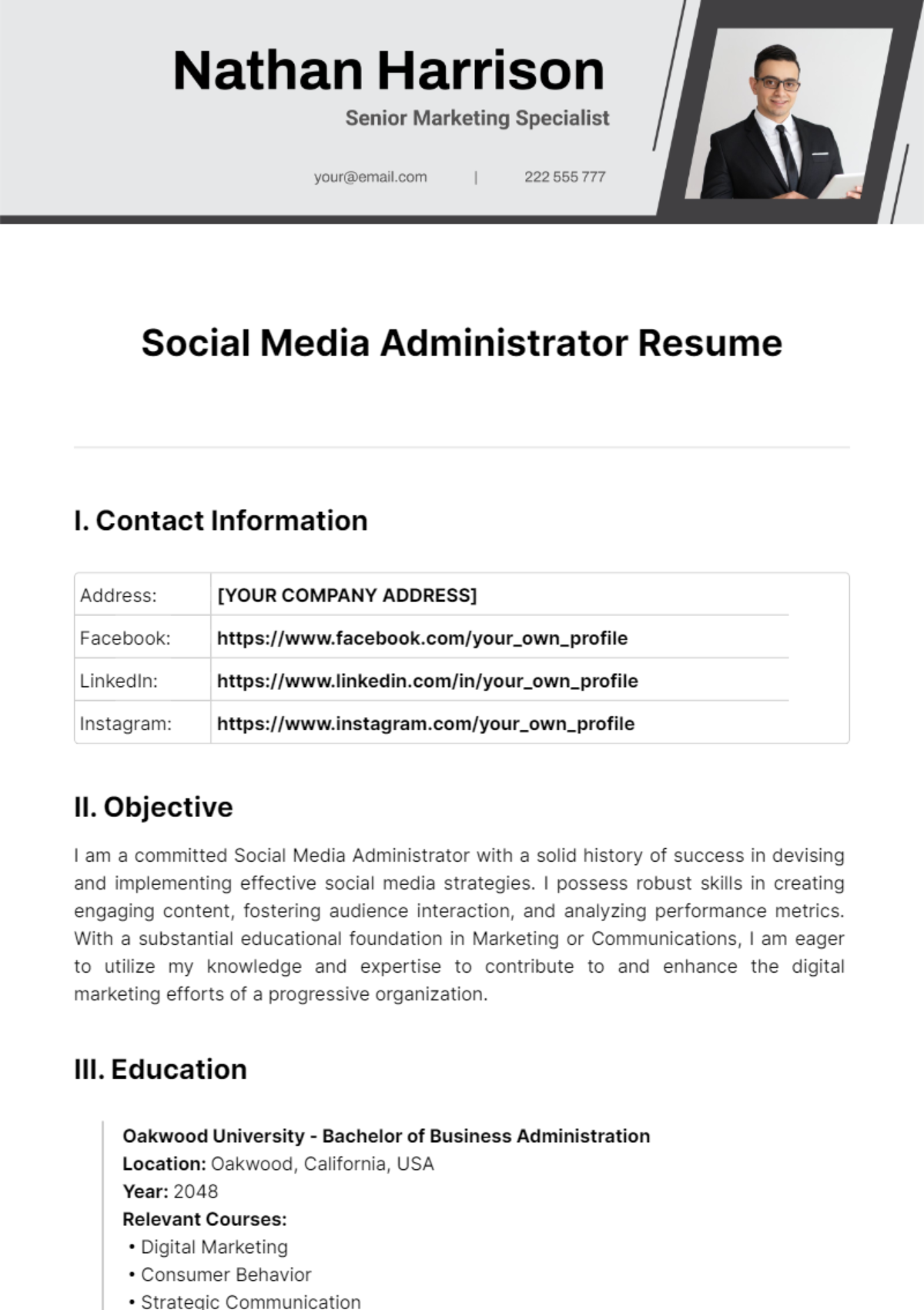 Social Media Administrator Resume Template - Edit Online & Download