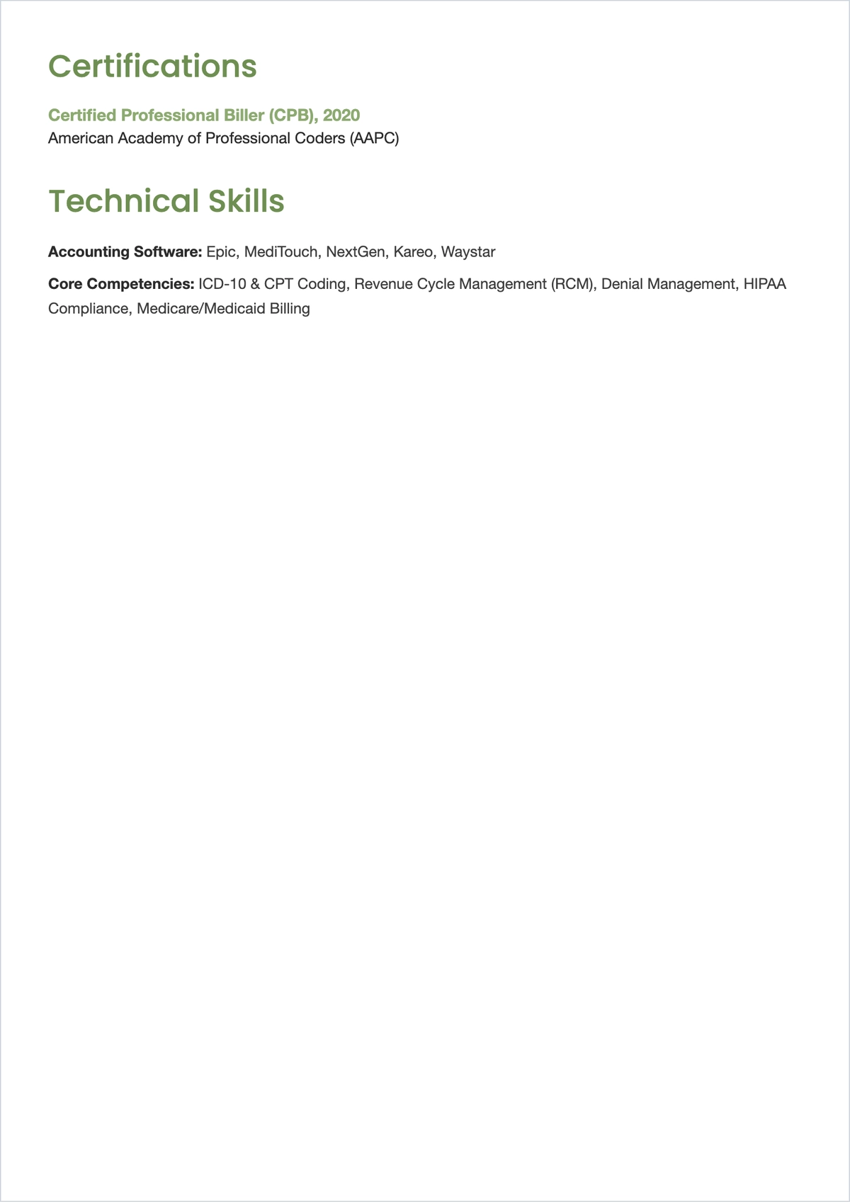 Free Medical Billing Specialist ATS Resume Template, AI Resume Builder