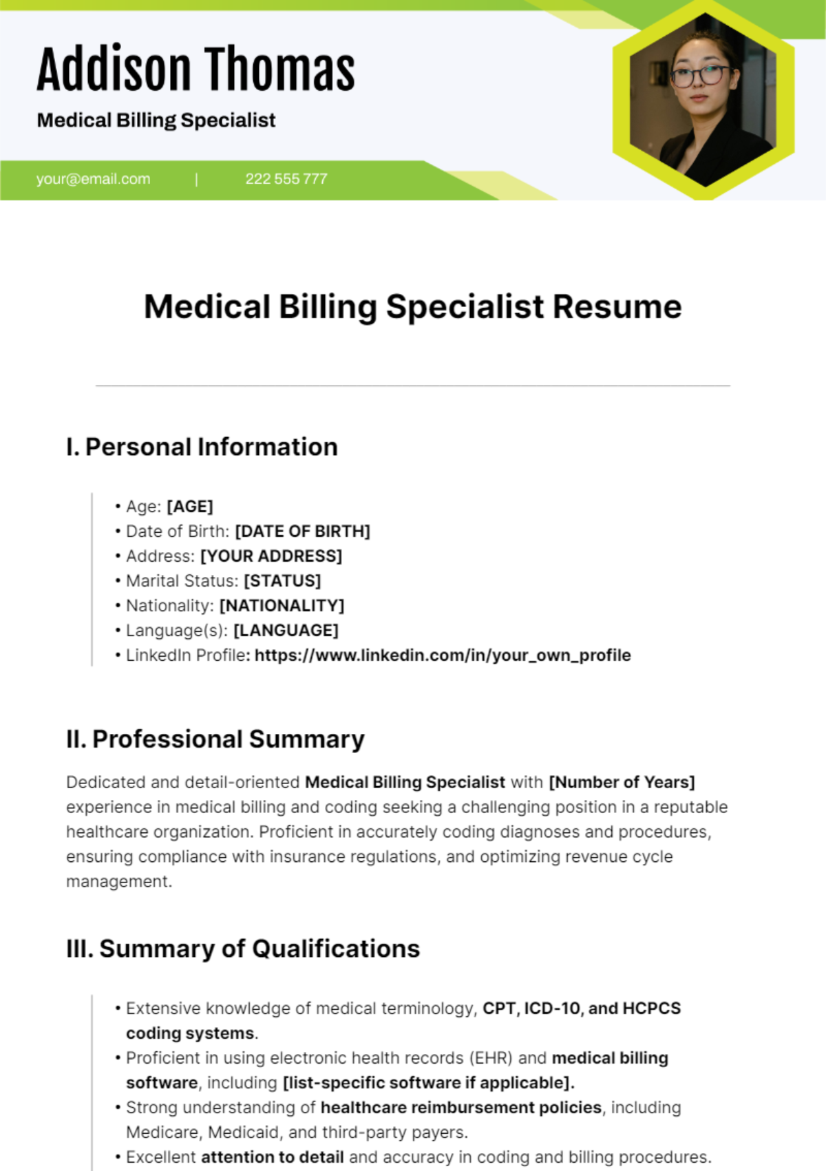 Medical Billing Specialist Resume Template - Edit Online & Download