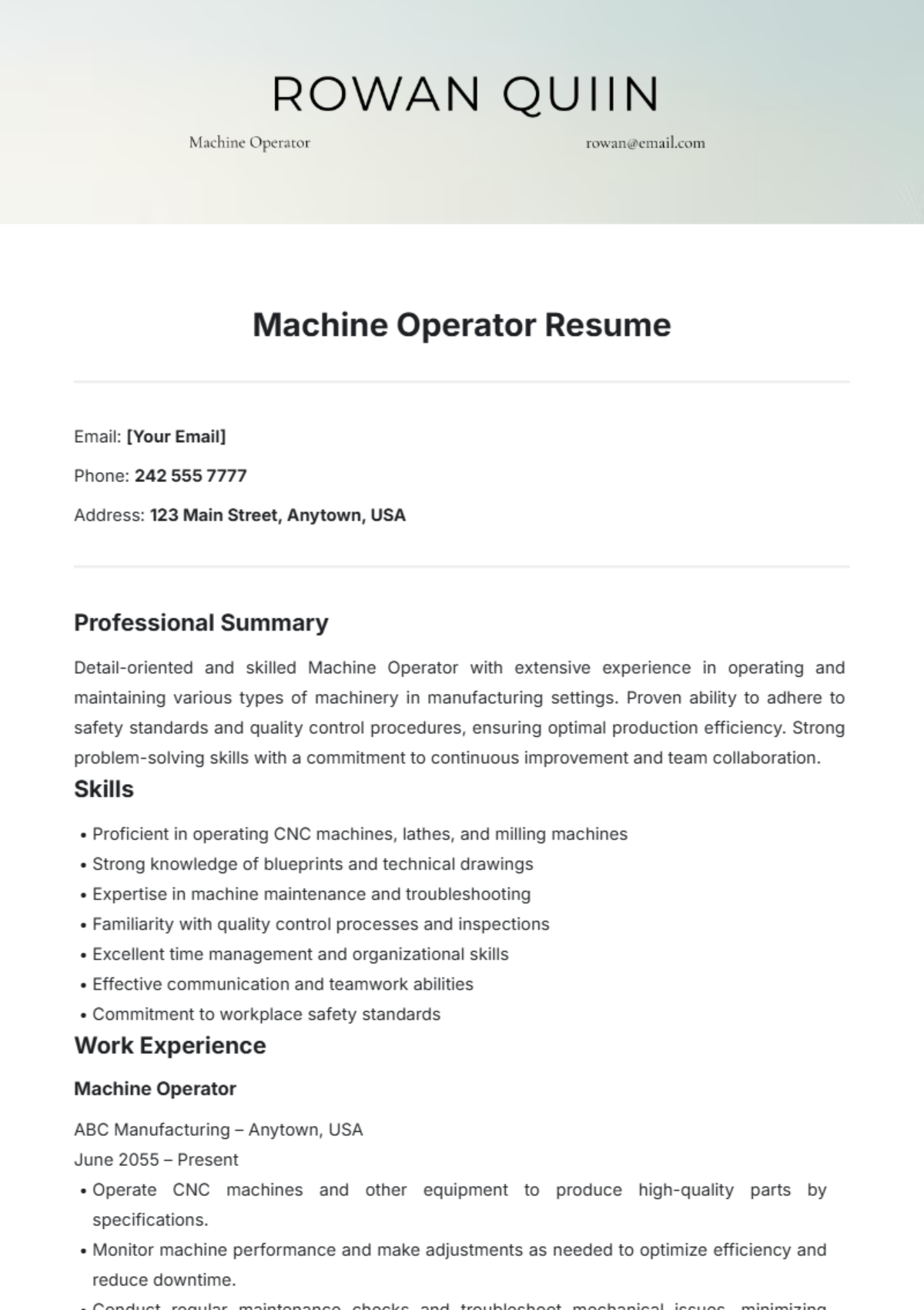 Machine Operator Resume Template - Edit Online & Download